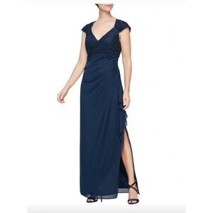 Alex Evenings Cap Sleeve Sequin Lace Chiffon Gown Formal Dress Navy Size 10 NWT
